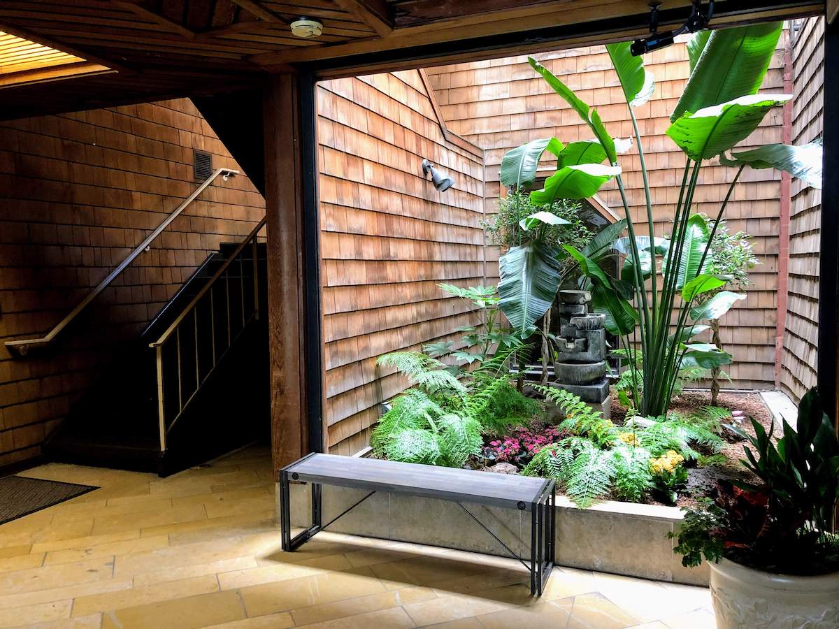 breezeway with plants and fountain